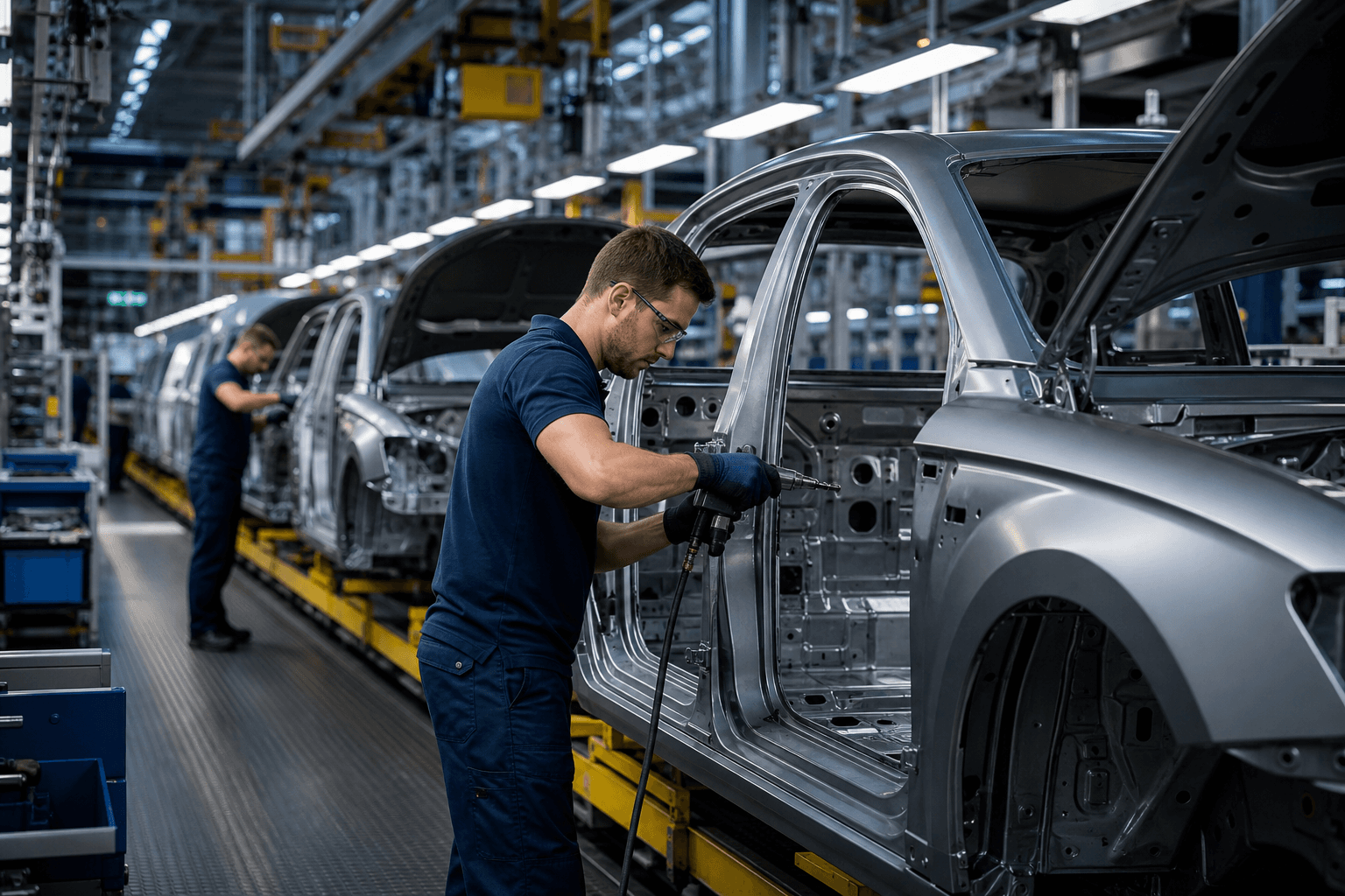 Automobilindustrie: Arbeitskräfte in einem aktiven professionellen Arbeitsumfeld
