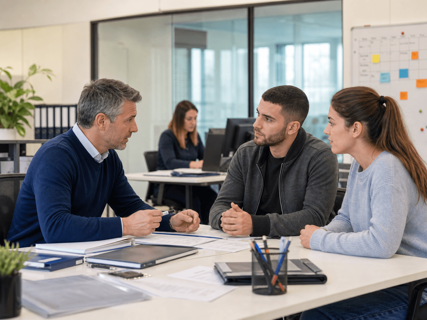 Rekrutierungsberaterin im Gespräch mit qualifizierten Kandidaten in einem modernen europäischen Büro