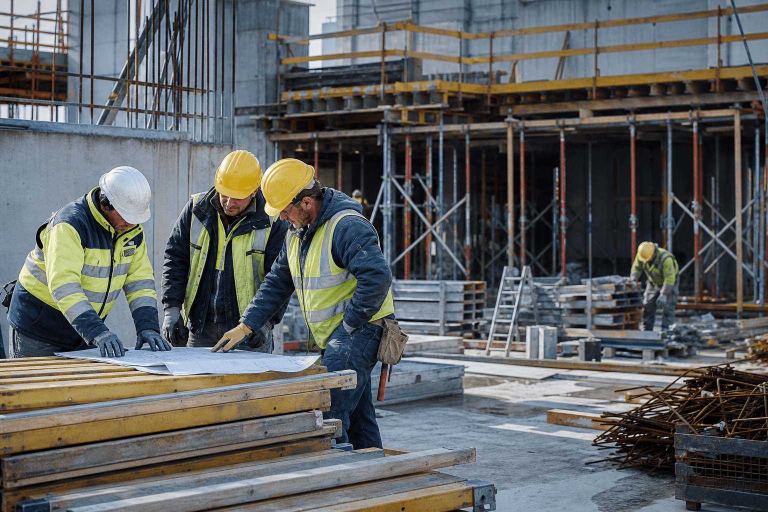Bauarbeiter auf einer aktiven Baustelle mit Gerüsten und Baumaterial