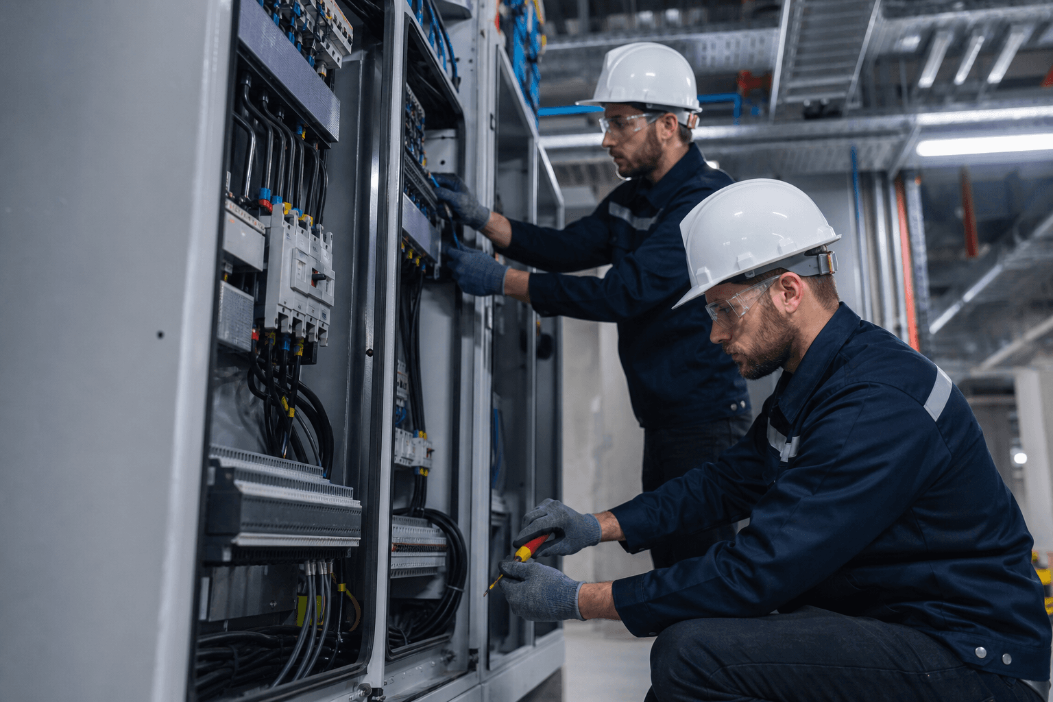 Elektriker bei der Installation industrieller Elektroanlagen