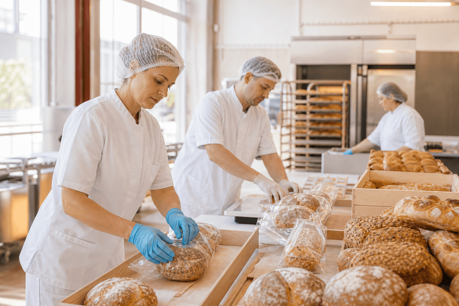 Bäckereimitarbeiter bei der Brotherstellung in einer professionellen Produktionsbäckerei