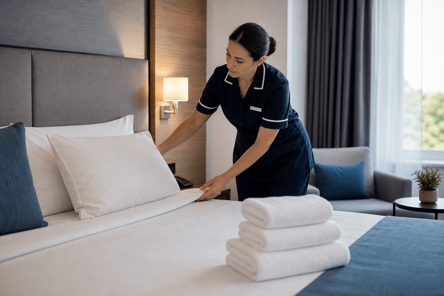 Professionelle Housekeeping-Mitarbeiterin bei der Vorbereitung eines modernen Hotelzimmers