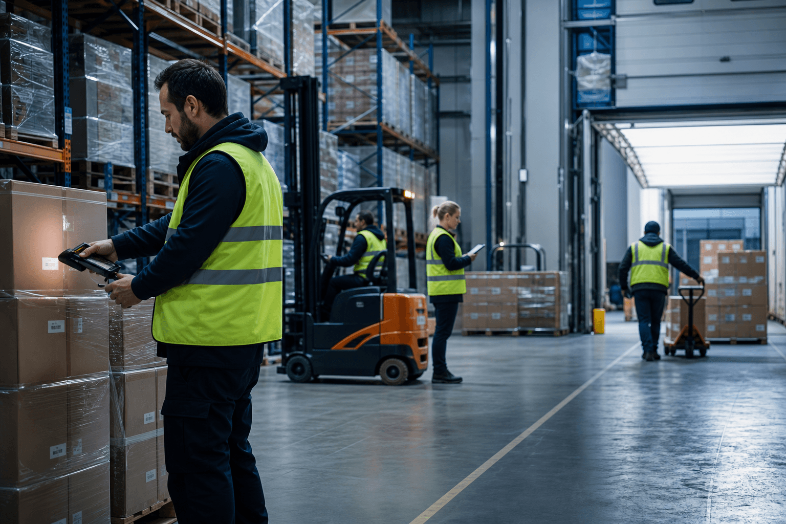 Lagermitarbeiter mit Gabelstaplern und verpackten Waren