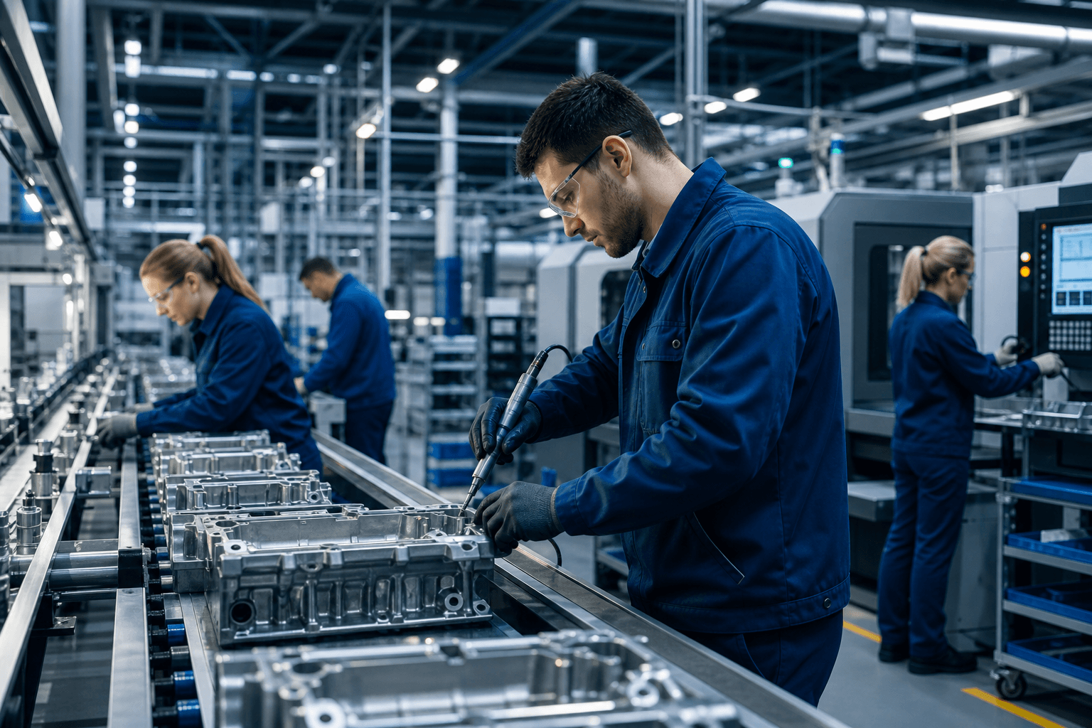 Produktionsmitarbeiter an einer industriellen Fertigungslinie