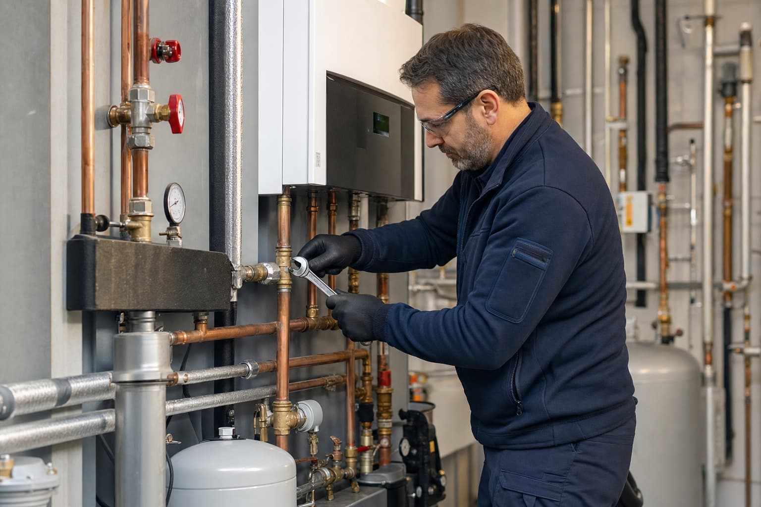 Sanitär- und Heizungsinstallateur bei der Arbeit an einer gebäudetechnischen Anlage