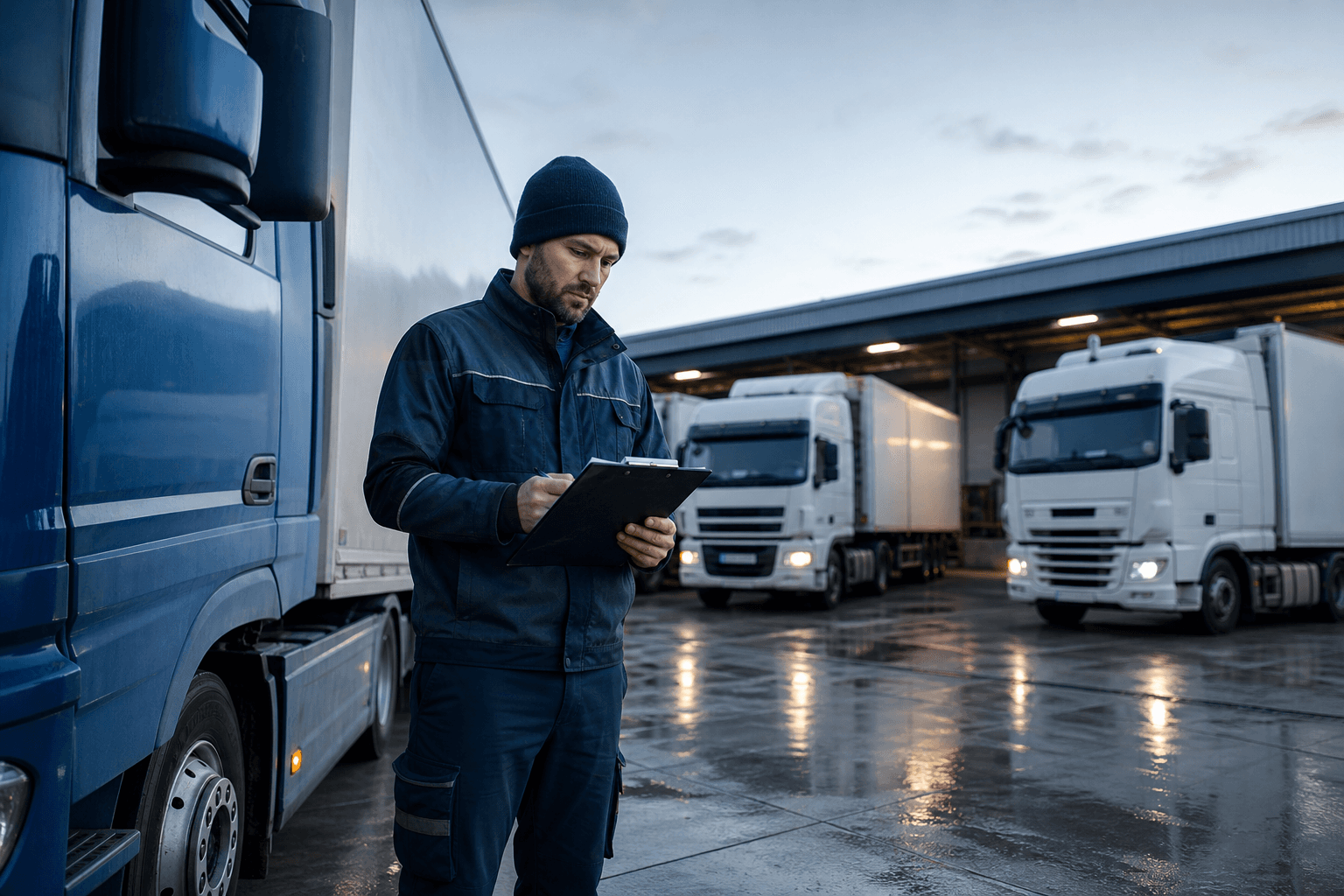 Berufskraftfahrer bei der Vorbereitung eines Fahrzeugs auf einem Logistikgelände