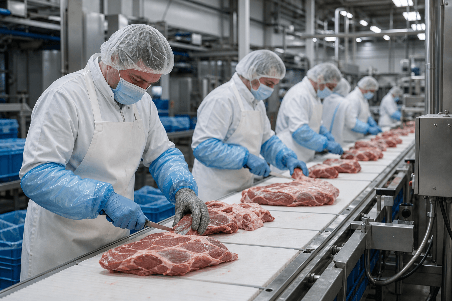 Arbeitskräfte in Schutzkleidung an einer industriellen Fleischverarbeitungslinie